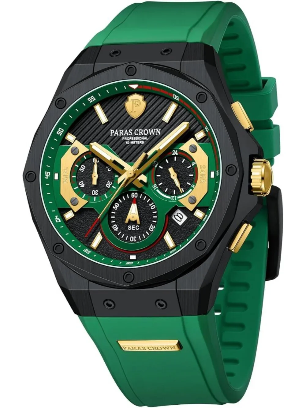 Men's Green Waterproof Chronograph Silicone Strap Stainless Steel Case Watches